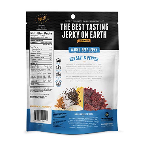Perky Jerky Wagyu Beef, Sea Salt & Pepper, 2.2 Ounce (Pack of 8) - 200mg sodium - 12g Protein per serving - Low Fat - 100% US Sourced - Tender Texture