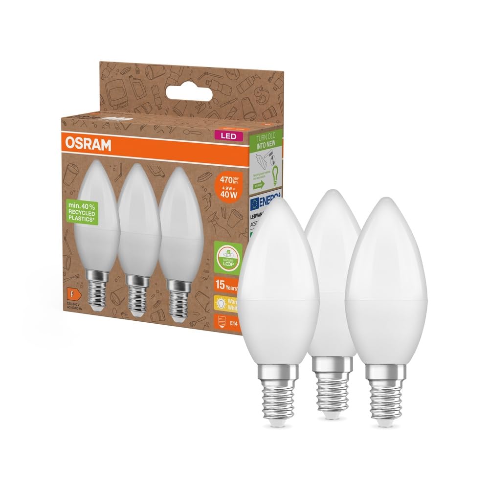 OSRAM Nature Loop - eco-Friendly LED Lamps Made from Recycled Plastic, Pack of 3 Bulbs, Replaces Traditional 40W Incandescent Bulbs, Candle Shape, E14, Warm White (2700K), Environmentally Friendly