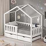 ML Design Kinderbett Hausbett 70x140 cm Weiß mit 2 Schubladen, Holzbett mit Rausfallschutz, Lattenrost und Dach, Spielbett aus Kiefernholz für Kinder, Montessori Bodenbett Bettgestell Bettenhaus Bett