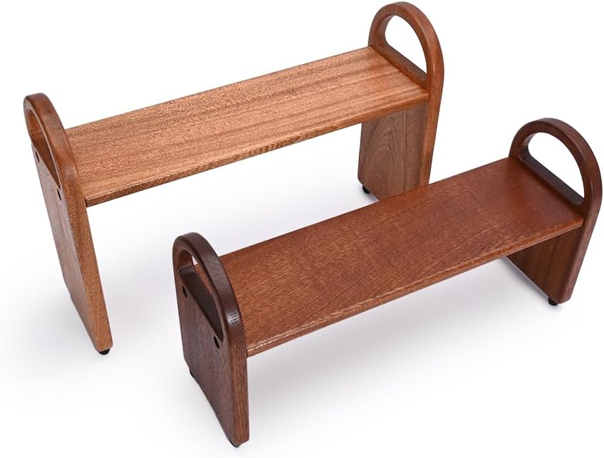 Wooden Riser Display Stand Set of 2 Counter Tiered Shelf Organizer | High Low Countertop Shelf Stand with Arched Handles for Coffee Bar Vanity Candles Perfume Dessert Collectibles and Home Décor