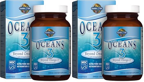 Image of Garden of Life Oceans 3 Beyond Omega-3 with OmegaXanthin, EPA, DHA Supplements, Fish Oil with 1200 mg Omega 3, Astaxanthin & Brown Seaweed Extract - 60 Softgels, (Pack of 2)
