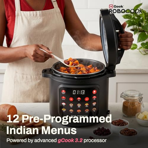 Image of Geek Robocook Nexa V6 Automatic Electric Pressure Cooker | 12 Indian Menus | SenseTouch Display | Rice, Biryani, Dal, & More | SafeClamp 360 10-Layer Safety | Stainless Steel Pot (6 Litre | Black)