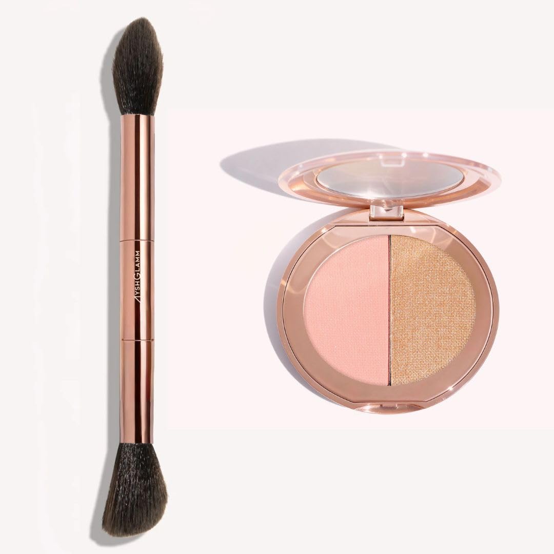 Ayshglamm | Pinceau Kit Gemini Touch & Duo Poudre Rosée | Blush Rosé & Highlighter Perlé | Glow Doux & Harmonieux pour Teints Clairs à Moyens