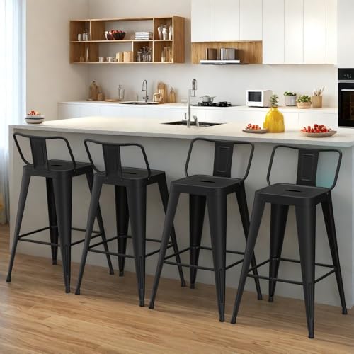 Butacos de barra metálicos, set de 4 unidades, altura de mostrador, estilo moderno e industrial, respaldo bajo (negro mate) miniatura 6