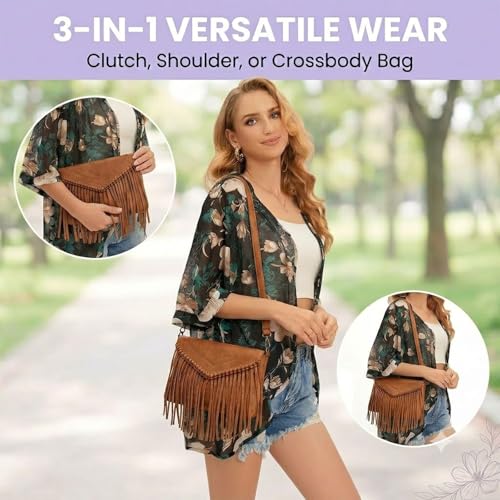 Image of Fringe Crossbody Purse for Women, Vintage Leather Western Boho Purse, Tassel Small Handbag Shoulder Bag