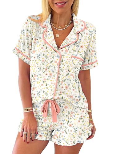 KevaMolly Womens Christmas Lounge Sets Candy Cane Print Pocketed Knotted PJ Set Short Sleeve Xmas Top and Shorts