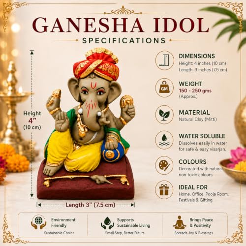 Image of Clay Ganesh Idol, 4 Inches Height, Water Soluble Ganpati Murti for Ganpati Visarjan (Small) (Multicolor - Pagri Ganesha)
