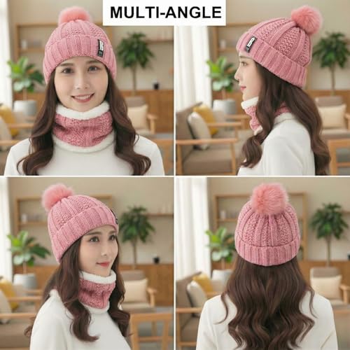 Image of Kraptick Women's Winter Beanie Cap and Scarf Set with Soft Fleece Lining, Thick Cable Knit Woolen Cap for Ladies & Neck Warmer for Extreme Cold Stylish Pom Pom Hat & Scarf Set -7