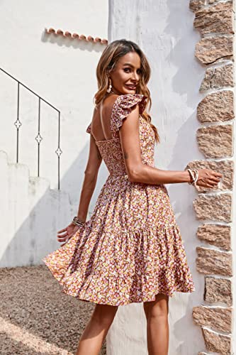 Prettygarden Women's Casual Summer Dress Floral Boho Ruffle Strap Backless Tiered Mini Short Beach Sun Dresses Caramel #TOP4