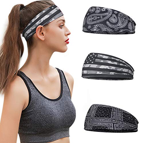 Yoga Headbands for Women(3 set), Girls Headband Elastic Sweat Wicking Non Slip for Workout Running Sports Cycling Hiking, Lightweight Headscarf Sweatbands（grey）