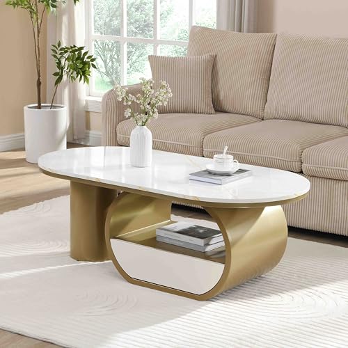 Image of Faux Marble Nesting Coffee Table Set of 2 | Coffee Table Set with End Table,Oval Living Room Table with Gold Metal Base,Marble Grain Top & 1 Drawer,Stack Tea Table Set