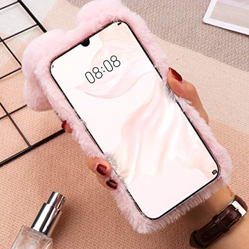 Fluffy Bunny Ear Phone Case for iPhone XR, Warm Smooth Rabbit Fur Cover with Sparkly Diamond, TPU Soft Phone Shell Protective Case, Anti-Shock Protective Case for Winter (iPhone XR Pink)