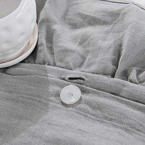 Meadow Park 100% Stone Washed French Linen Duvet Cover Set 3 Pieces, Full/Queen 90 Inches X 92 Inches, Shams 20 Inches X 26 Inches, Ruffled Style, Button Closure, Corner Ties, Super Soft, Grey Color #TOP5