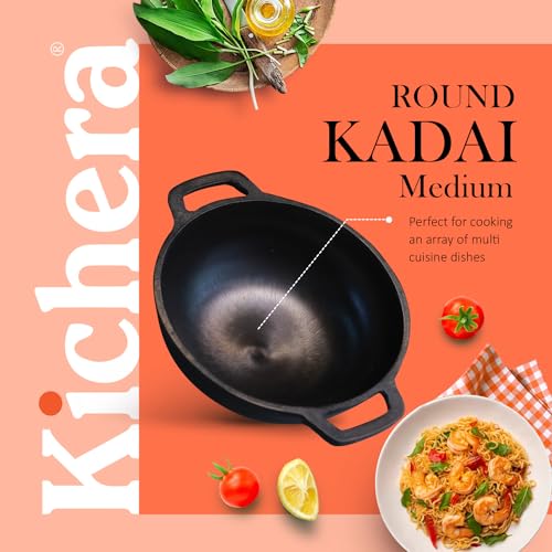 Image of Kichera Pre Seasoned Cast Iron Kadai with 2 Loop Handles (10 Inch) | 2.5kg, 2.5L Capacity | Cookware for Deep Frying | Wok, 26cm Diameter | Kadhai Non Stick |Pure & Toxin-Free