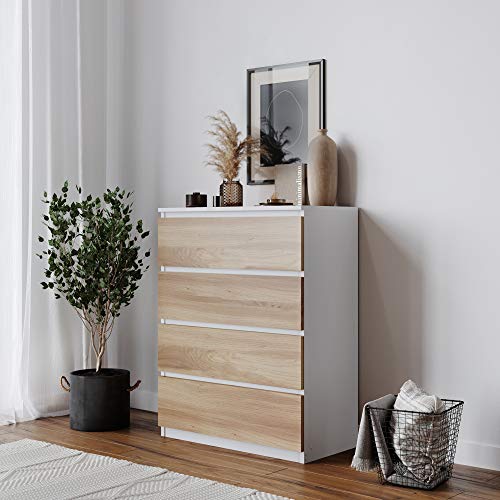 URBNLIVING 4 Or 5 Drawer Skagen Wooden Bedroom Chest Cabinet No Handle Storage Cupboard Modern (White Carcass + Oak Drawers, 4 Drawers)