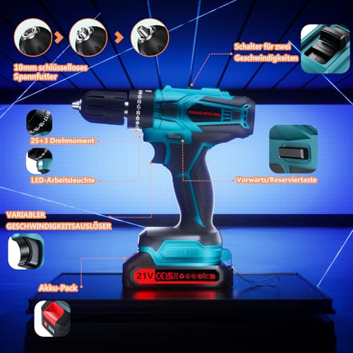 Olubfdh Akkuschrauber, 21V Akku Bohrschrauber Set mit Akku 1×2000mAh 45Nm Drehmoment Max 25+3 Drehmomentstufen (2-Gang & LED) mit Ladegerät, für Haus und Garten DIY Projekt (Blau) 5