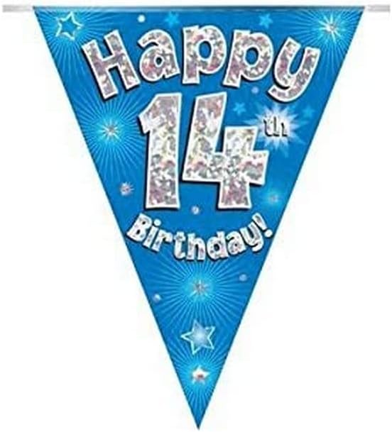 OAKTREE UK 631267 Party Bunting Happy 14th Birthday Blue Holographic 11 Flags 3.9m
