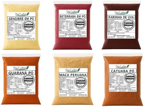 Kit Gengibre-Guaraná-Catuaba-Maca Peruana-Beterraba-Farinha de Uva (100grs de Cada)