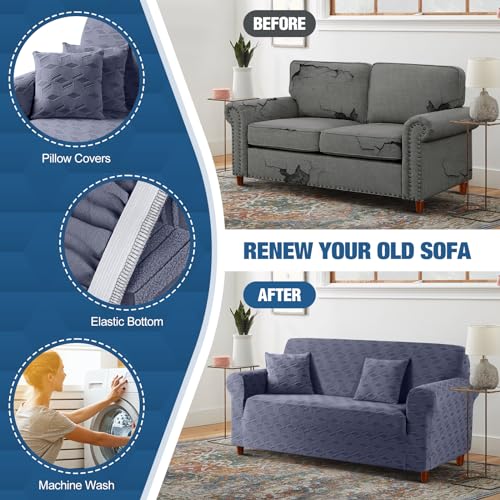 Image of TAOCOCO Loveseat Sofa Cover, 1Piece Couch Cover for 2 Cushion Sofa Washable Loveseat Slipcover with 2PCS Throw Pillow Covers, Jacquard Furniture Protector for Pets Dog(2 Seater,Grey)