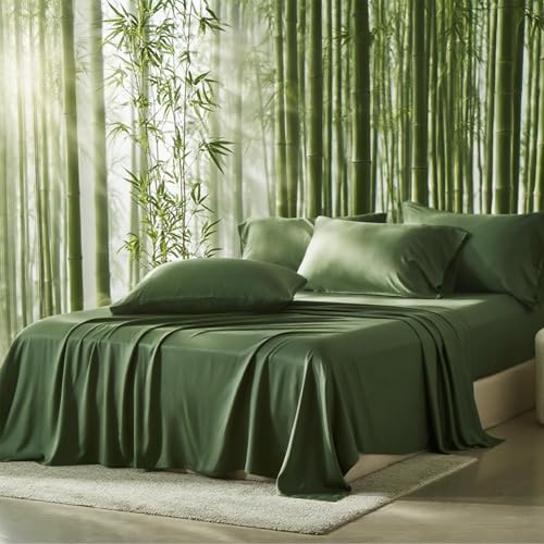 Image of 100% Viscose Derived from Bamboo Sheets, Soft & Cooling Viscose from Bamboo Sheets for Hot Sleepers, Ultra - deep Pockets Fit 18 inch-24 inch Mattresses(Olive Green)