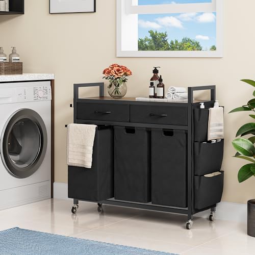 YITAHOME Laundry Hamper, Freestanding Laundry Sorter with 2 Drawers, Portable Laundry Basket, 3 Removable Bags, 71cm x 92.5cm x 33cm, for Laundry Room, Bathroom, Bedroom - Image 2