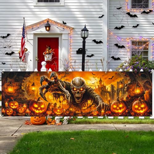Image of Halloween Banner 118x35.4 Inch Scary Skeleton Pumpkin Party Decoration Backdrop, Creepy Skull Jack O Lantern Outdoor Yard Sign for Festival Celebration, Fence Wall Porch Indoor Outdoor