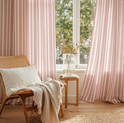 Image of MYSKY HOME Red Striped Patterned Curtains 96 Inches Long for Girls Bedroom Living Room Ticking Stripe Pinstripe Patterned Farmhouse Light Filtering Linen Blend Drapes, Grommet, 2 Panels, 52 inch Wide
