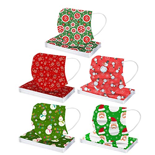 Christmas Face Mask,Disposable Face Mask for Christmas 3-ply Face Christmas Masks for Adult Disposable Christmas themed Face Mask 50pcs[US Stock]