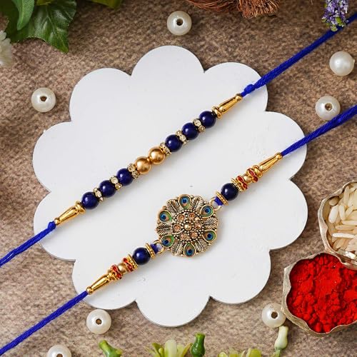 Image of eCraftIndia Set of 2 Designer Rakhis For Men with Roli Chawal Pack - Rakhi for Brother
