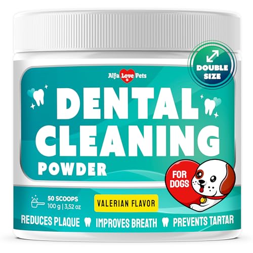 Dental Cleaning Powder Dog Breath Freshener to Help with Plaque, Tartar, & Caries – Dog Probiotics + Valerian in The Composition – Scoop Included – 100 G