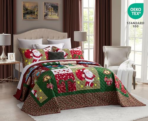 Image of CHIXIN Christmas Oversized Bedspread King Size, Santa Claus Pattern Bedding Quilt, Rustic Lodge Plaid Patchwork Coverlet Set, Lightweight & Soft Microfiber, 3 Piece, King /Cal King