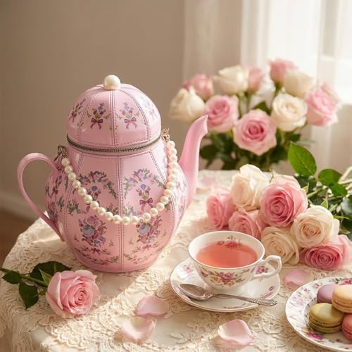 Women PU Leather Floral Handbag Crossbody Shoulder Bag Pearl Chain Valentine Purse for Girls with teapot Ornament Pink - image 5