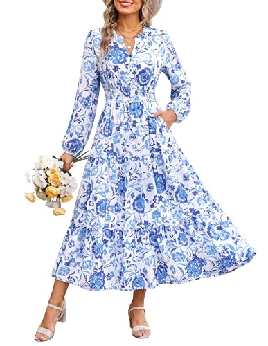 Image of GRACE KARIN Women's Floral Maxi Dress 2026 Fall Long Sleeve V Neck Empire Waist A Line Flowy Dress with Pocket
