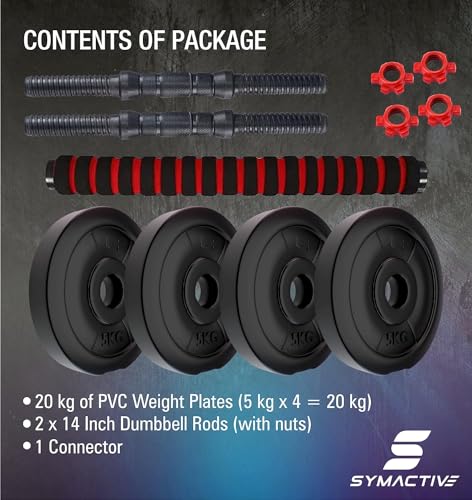Image of Amazon Brand - Symactive PVC 20 Kg 3-in-1 Convertible Dumbbells Set | for Fitness & Workout | 5 Kg x 4 PVC Weight, 14'' Dumbbell Rods Pair & Nuts, 1 Cushioned Connector Rod | Multicolor