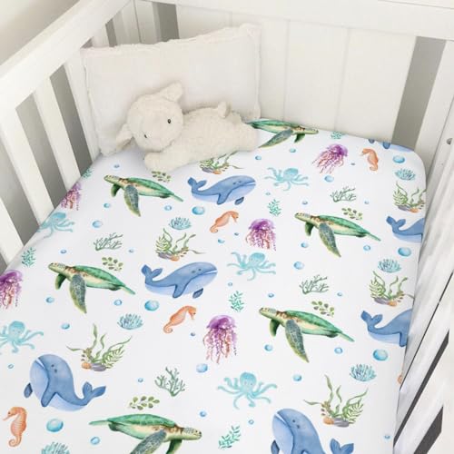 Image of Cute Sea Animals Baby Crib Sheets 52''x28'' Ocean Turtle Whale Jellyfish Sea Horse Weeds Fitted Crib Mattress Cover for Boy Girl Marine Nursery Baby Bed Sheets for Standard Crib and Toddler Mattress