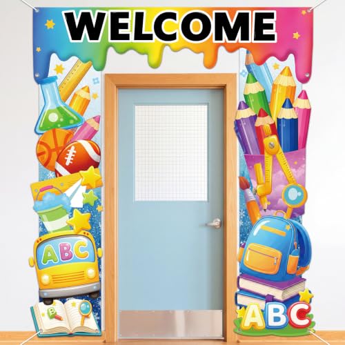 Welcome Back to School Door Cover Decoration Colorful Welcome Hanging Door Banner Backdrop Notebook Crayon Prints Alpendre Sign Photo Background for First Day of School Classroom Decor Indoor Outdoor