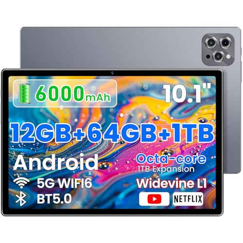 Tuotatop 2026 Android Tablet 10.2 Inch, 6000mAh Long Battery Life, 12GB RAM 64GB ROM Expandable to 1TB HD IPS Screen.,Dual Speakers, WiFi 6 - Budget-Friendly Tablet for Students, Family & Work (Gray)