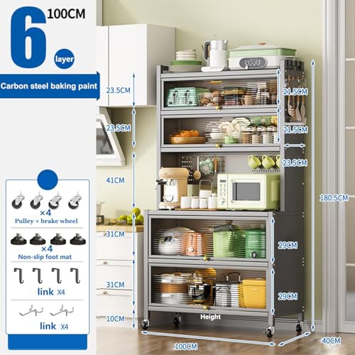 خزانة تخزين للمطبخ من 6 طبقات مع ابواب شفافة، خزائن المؤن وارفف قابلة للتعديل وحامل ميكروويف للمنزل والمطبخ والمراب وتنظيم المؤن