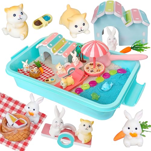Image of Carolart Hamster Sensory Bin, Animal Play Set, Sand Box with Glow Stones | Rabbit and hamster pretend play sandbox, sensory sand activity, pet habitat toy, gift for kids ages 3-8
