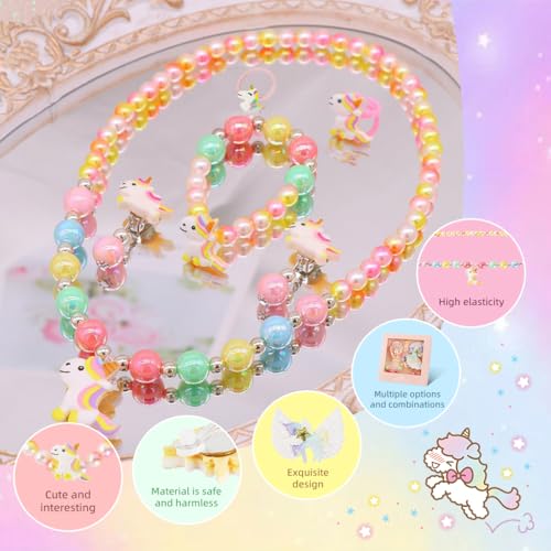 Image of SANNIDHI Unicorn Jewellery Set for Kids Pearl Bead 8 Pcs | Pretend Dress Up, Party Styling, Bracelet Necklace Earrings Ring, Coordinated Accessories, Creative Role Play