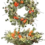 Quixem Spring Wreath Artificial Carrot Eucalyptus Wreath 22IN, Orange Green White, Spring Easter Summer Front Door Wall Decor