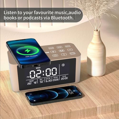 Bluetooth Speaker with Digital Alarm Clock, Wireless Charger, FM Clock Radio,Super Loudspeaker,Dimmable LED Display for Bedroom,Home, Adaptor - Image 3