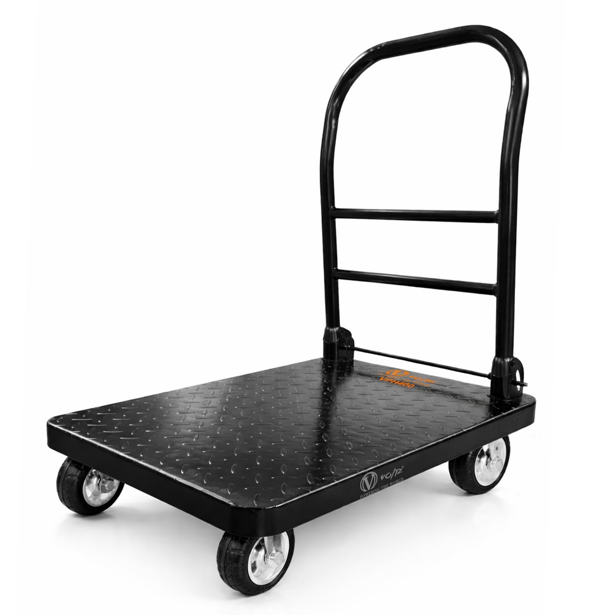 Voltz VZ-VPH 400 Steel Platform Trolley 400kg Load Capacity, Heavy Duty Steel Platform Trolley with 360° Swivel Wheels, Rubber Bumper Protection, Foldable Handle, Industrial Warehouse Moving Cart-image-2