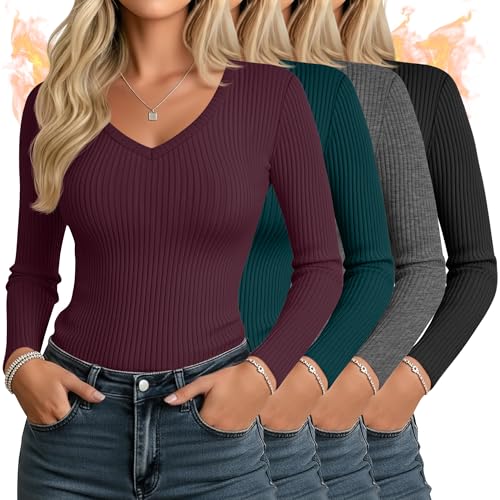 Sweetyweee 4 Pack Women's Thermal Shirts Long Sleeve Ribbed Cotton Tops V Neck Fitted Winter...