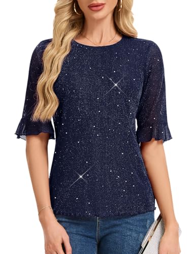 Chemisier paillettes femme haut de gamme col doublé et manches cloches de fête HomRain