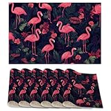 Pink Flamingo Placemats Set of 6,Tropical Plam Table Mates Non-Slip Heat Resistant Washable Linen Place Mats for Party Kitchen Dining Decoration Indoor Outdoor 12'x18'