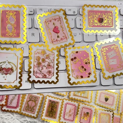 Image of 50 PCS Cartoon love stamps Stickers Aesthetic PET Stickers Gold Stamp Decal Waterproof Decorative Decals for Scrapbook DIY Crafts Album Bullet Journal Planner Water Bottles Laptop Phone (Gold stamp-B)