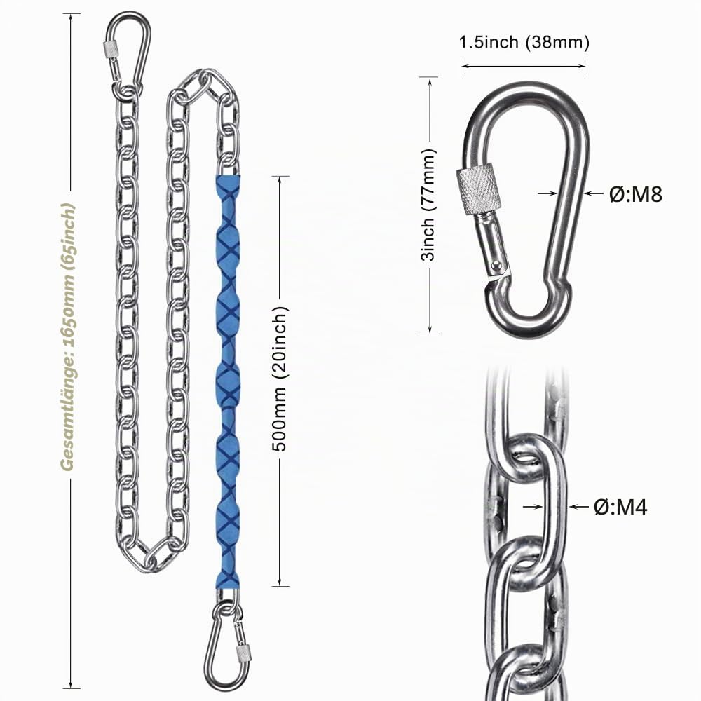 BeneLabel 2er Schaukelketten mit Weicher Griff, 170cm Hängesessel Kette Edelstahl Verstellbar Hängematte Aufhängung Kette mit Karabiner Boxsack Verlängerung Befestigung, 5mm Durchmesser, Bis 454kg