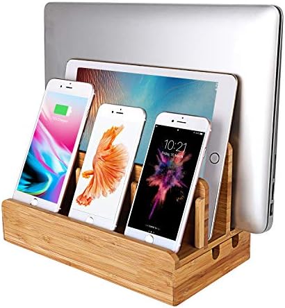 MOZOWO Bamboo Wood Multi-Device Desktop Charging Dock Station Charger Holder Cradle Stand Compatible for iPhone Xs MAX XR X 8 7 6 6S Plus iPad Mini Pro Air Laptop Tablets Samsung LG Sony Smartphones
