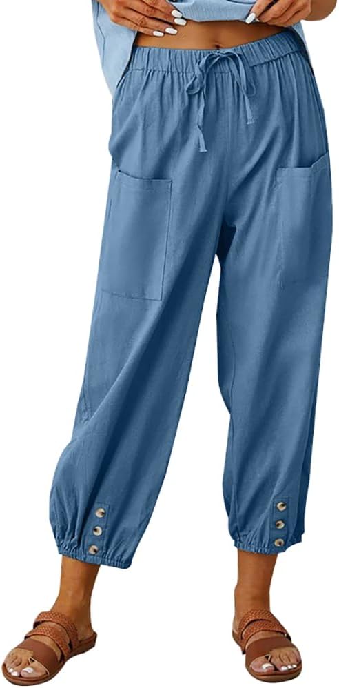 LOAIHA Linen Capri Pants for Women Casual High Waist Drawstring Elastic Button Bottom Boho Floral Loose Trouser with Pockets